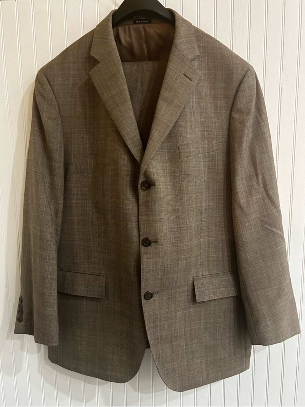 Men’s American Living 42R Wool Suit Brown Plaid 34x30 Pants Set